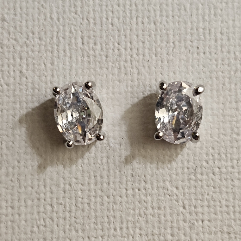 White Oval CZ silver plated stud earrings